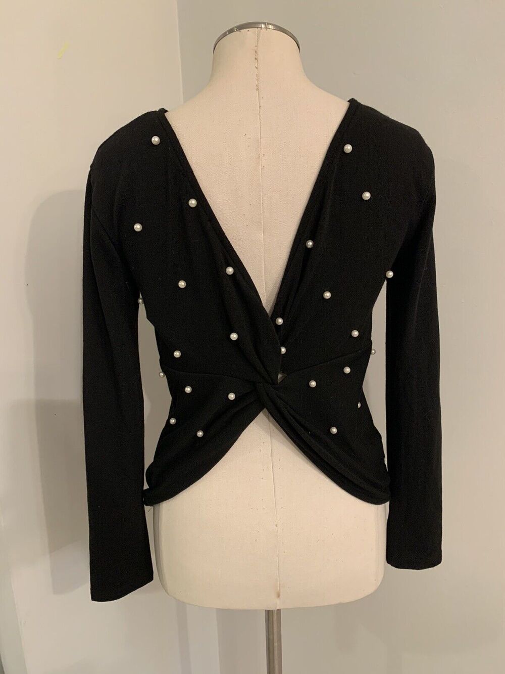 NWT Milan Kiss Twist Back Black Top Pearl Embellished Size S Coquette Feminine